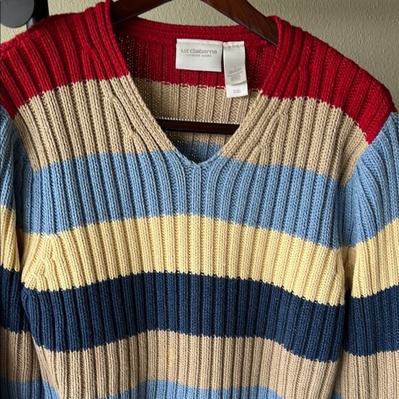 Liz Claiborne Ribbed Striped Vneck Long Sleeve Sweater - size Large - Picture 3 of 7